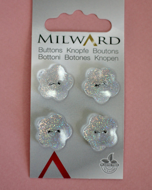 boutons fleur 17 mm transparent à paillettes
